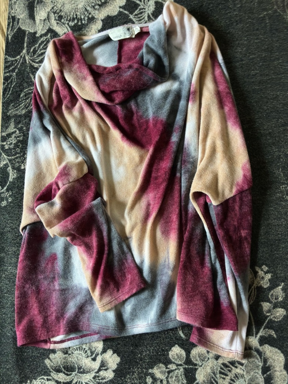 everleigh Cowl Neck Sweater in Burgundy, Beige, and Slate Tie-Dye